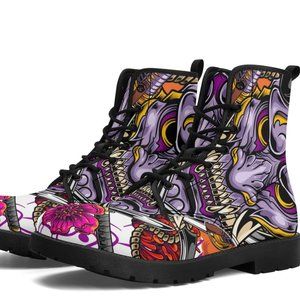 Women's Hannya Mask Graphic Leather Combat Boots - Streetwear Size 6